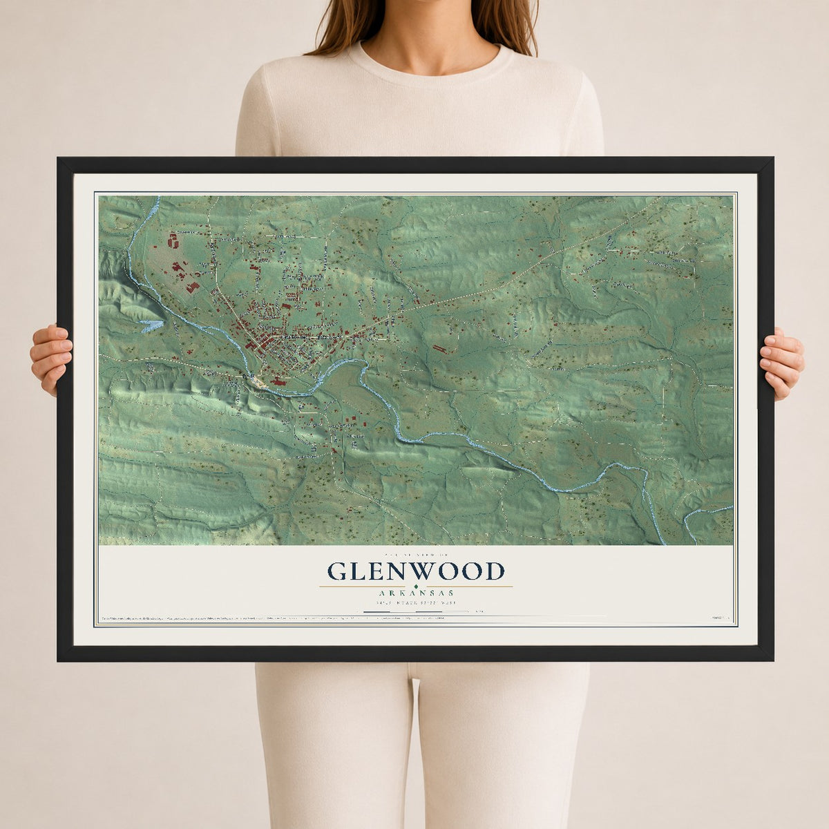 Map of Glenwood, Arkansas, 24 x 36 inch print in a black wood frame