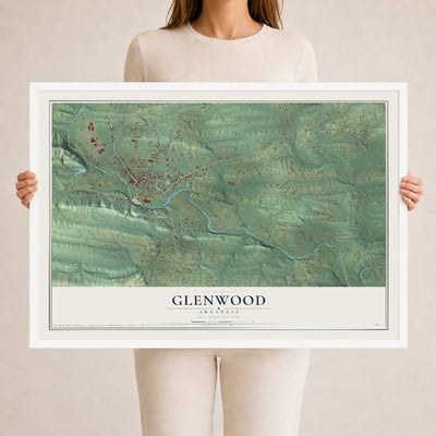 Map of Glenwood, Arkansas, 24 x 36 inch print in a white wood frame