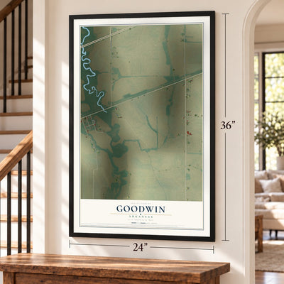 Goodwin, Arkansas map, 24 x 36 inch print in a black frame by a staircase