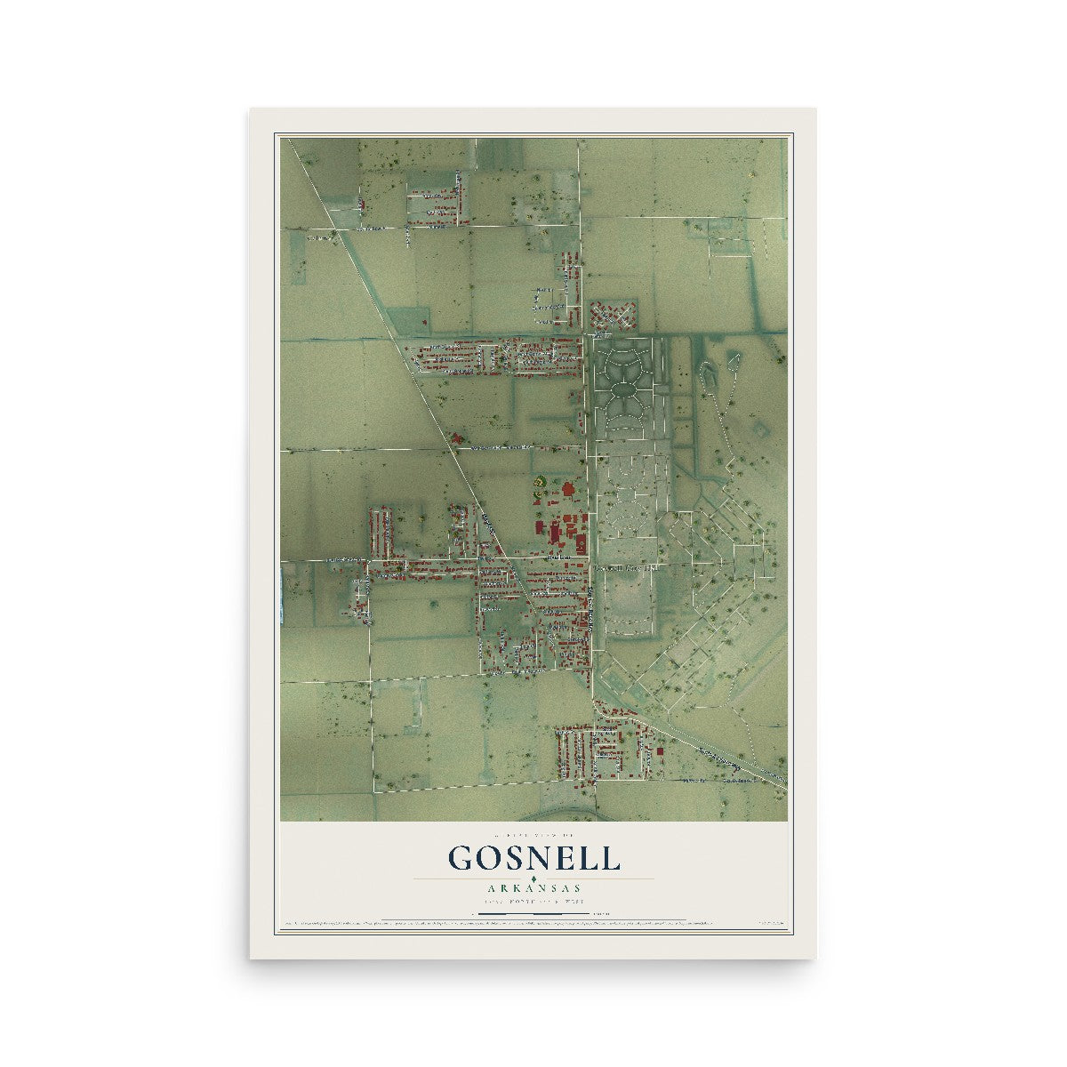 Map of Gosnell, Arkansas, 12 x 18 inch unframed archival matte print