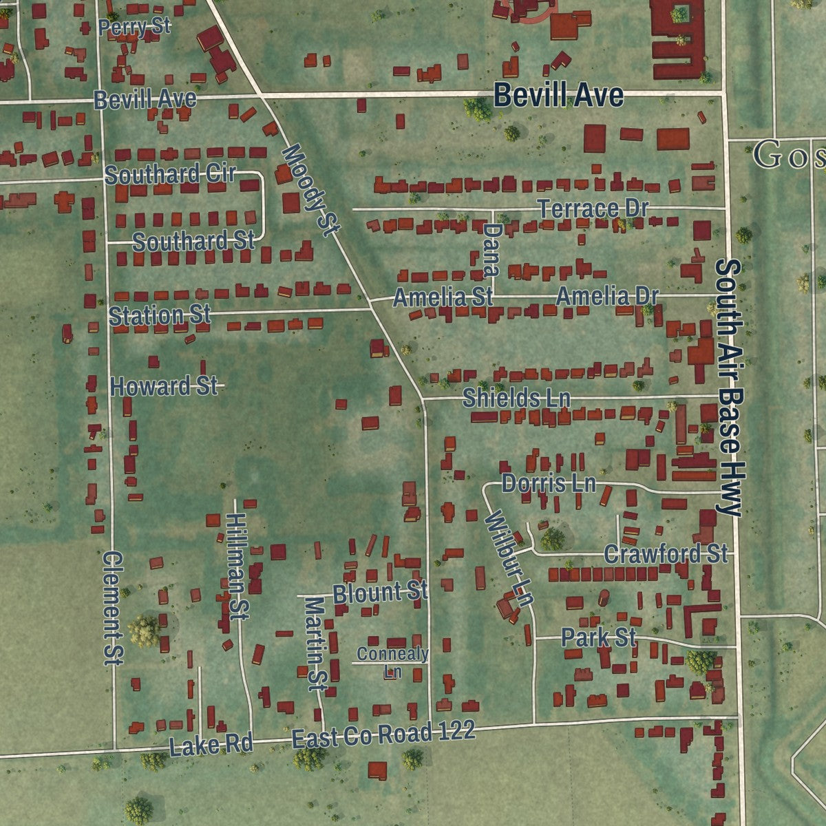 Close-up of the map of Gosnell, Arkansas print showing street and building detail