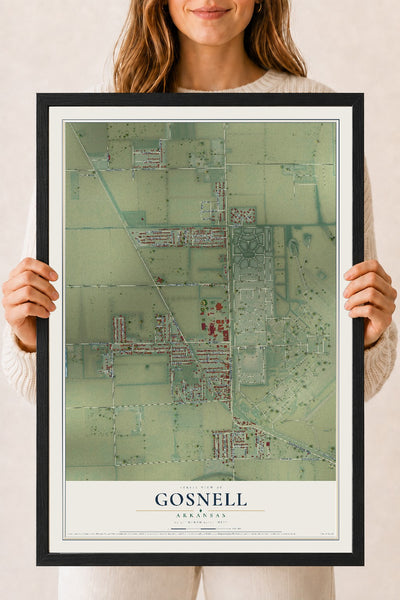 Map of Gosnell, Arkansas, 18 x 24 inch print in a black wood frame