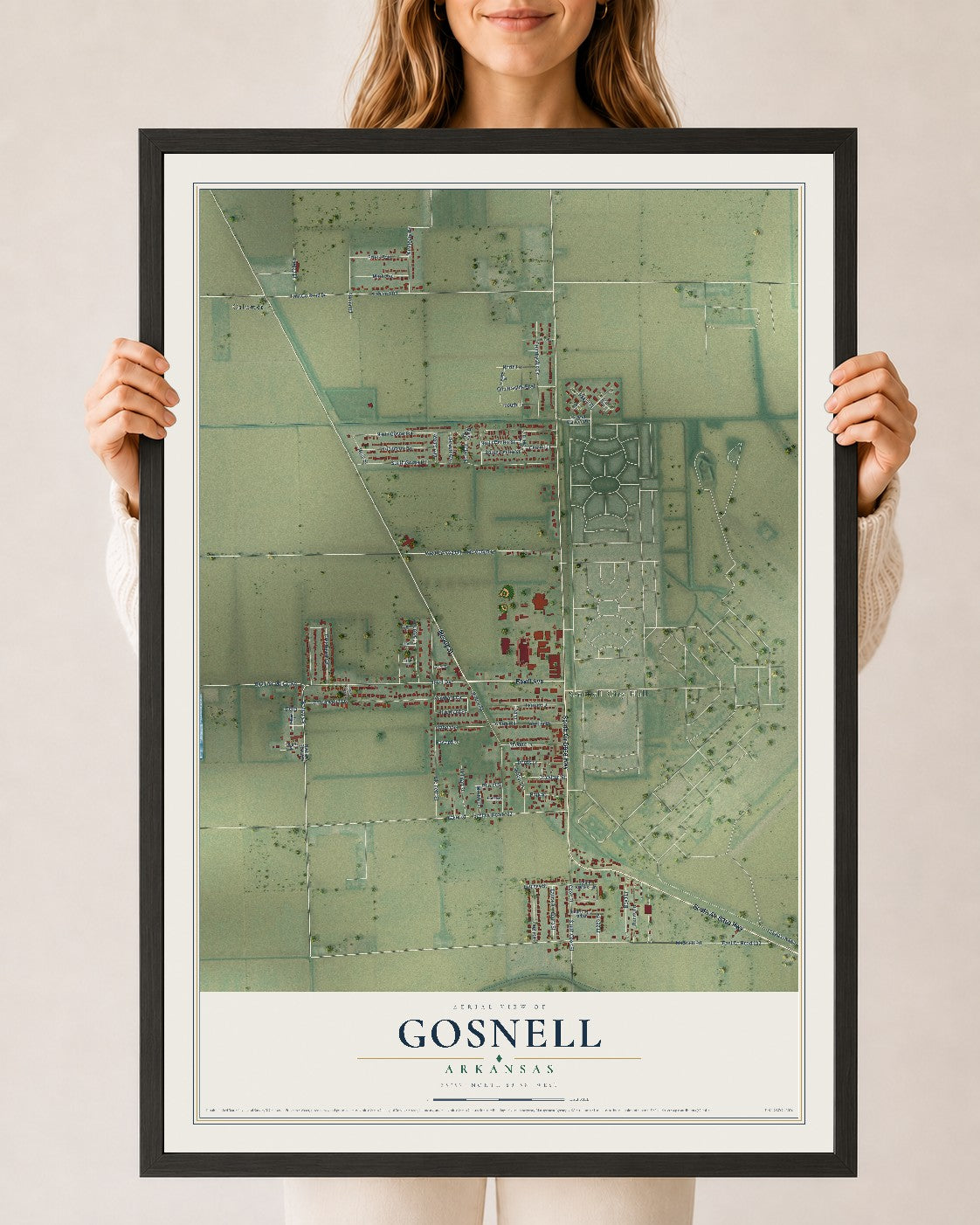 Map of Gosnell, Arkansas, 24 x 36 inch print in a black wood frame