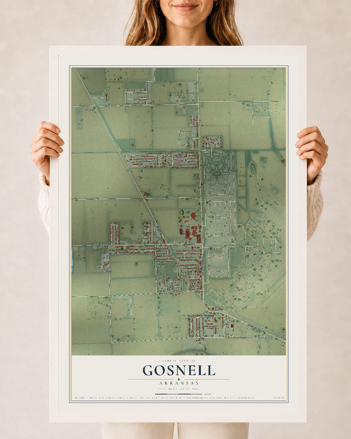 Map of Gosnell, Arkansas, 24 x 36 inch print in a white wood frame