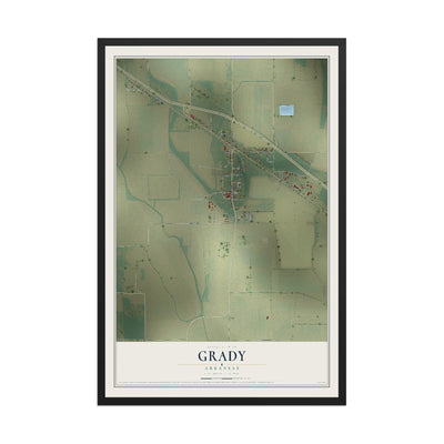Map of Grady, Arkansas, 12 x 18 inch print in a black wood frame