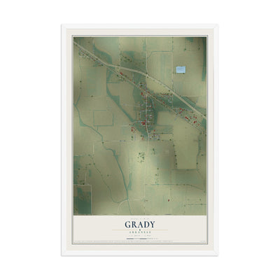 Map of Grady, Arkansas, 12 x 18 inch print in a white wood frame