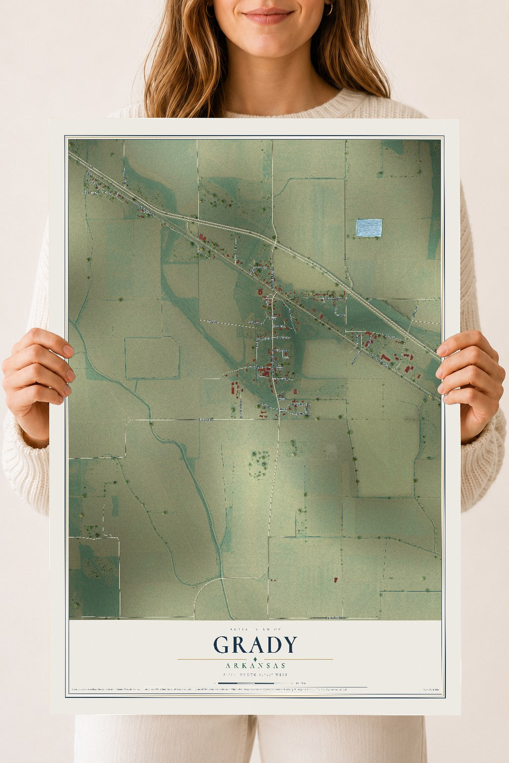 Map of Grady, Arkansas, 18 x 24 inch unframed archival matte print