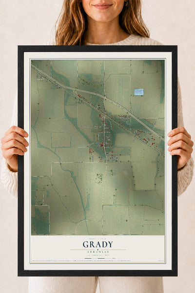 Map of Grady, Arkansas, 18 x 24 inch print in a black wood frame