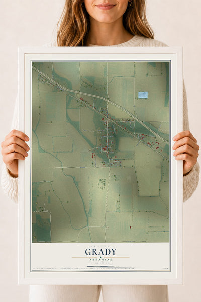 Map of Grady, Arkansas, 18 x 24 inch print in a white wood frame