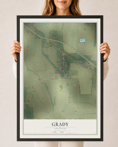 Map of Grady, Arkansas, 24 x 36 inch print in a black wood frame