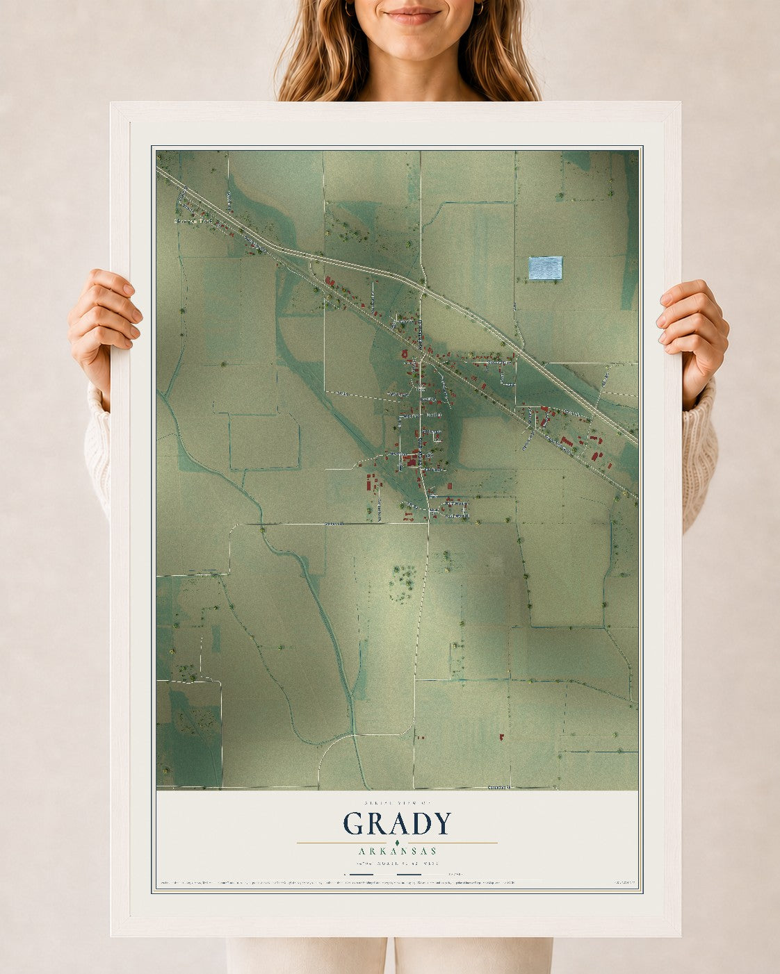 Map of Grady, Arkansas, 24 x 36 inch print in a white wood frame