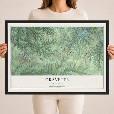 Map of Gravette, Arkansas, 18 x 24 inch print in a black wood frame