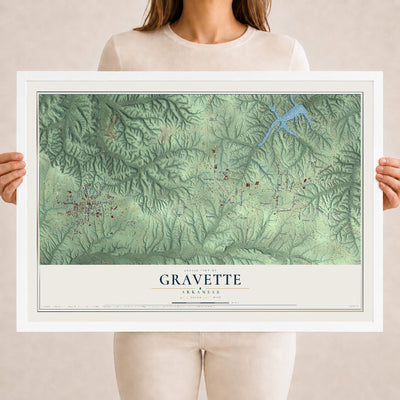 Map of Gravette, Arkansas, 18 x 24 inch print in a white wood frame