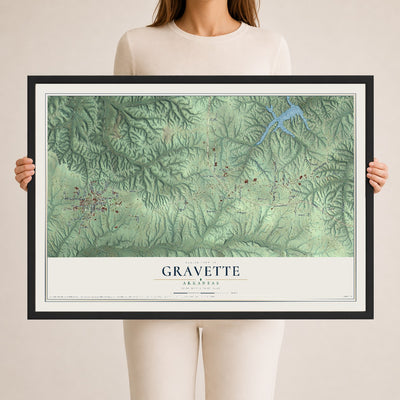 Map of Gravette, Arkansas, 24 x 36 inch print in a black wood frame