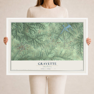 Map of Gravette, Arkansas, 24 x 36 inch print in a white wood frame