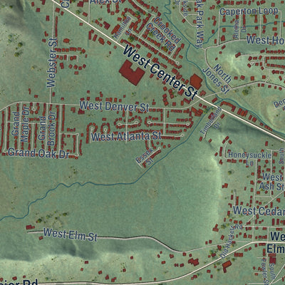 Close-up of the map of Greenwood, Arkansas print showing street and building detail