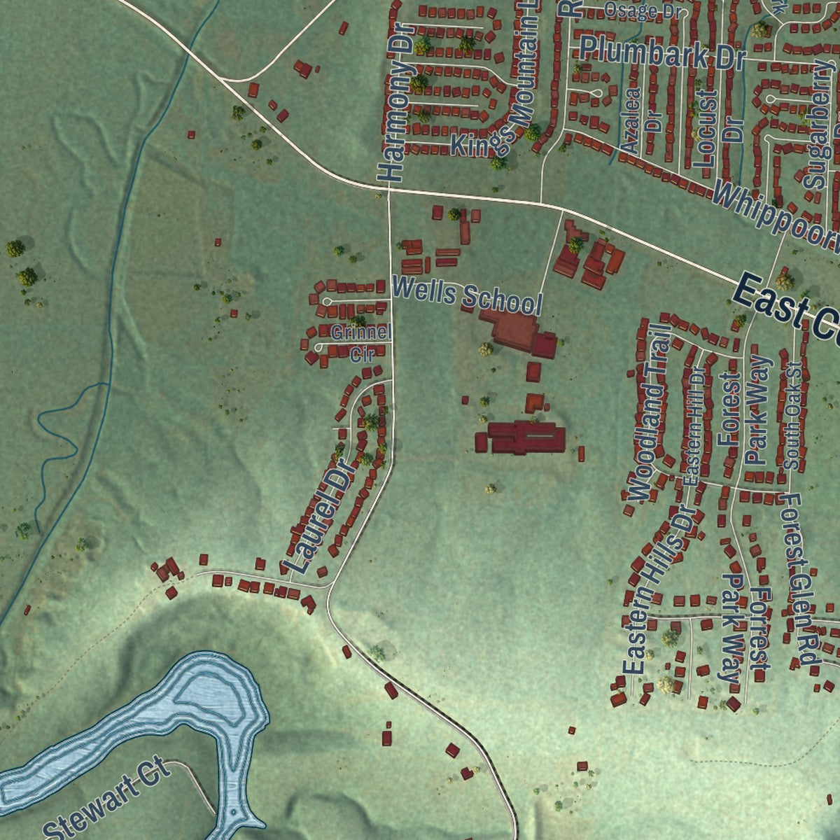 Second close-up of the map of Greenwood, Arkansas print showing more streets and buildings