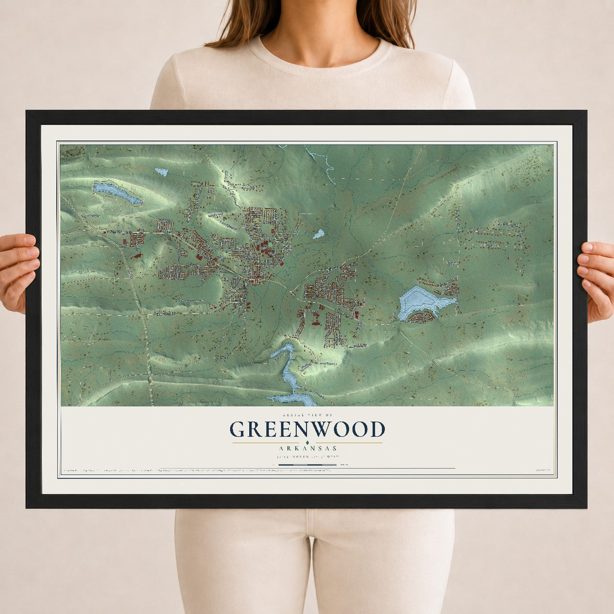 Map of Greenwood, Arkansas, 18 x 24 inch print in a black wood frame
