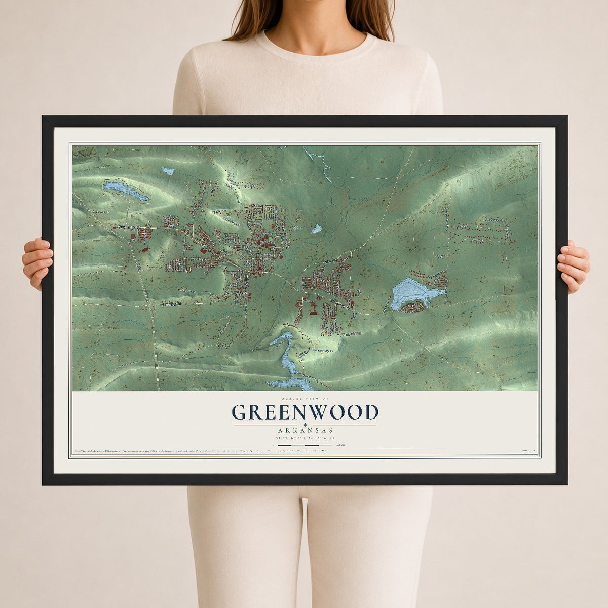 Map of Greenwood, Arkansas, 24 x 36 inch print in a black wood frame