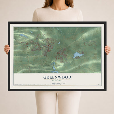 Map of Greenwood, Arkansas, 24 x 36 inch print in a black wood frame