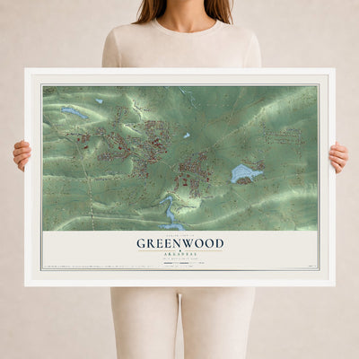 Map of Greenwood, Arkansas, 24 x 36 inch print in a white wood frame