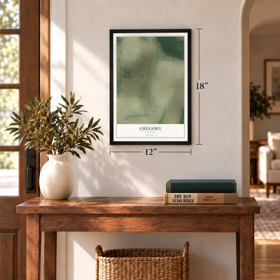 Gregory, Arkansas map, 12 x 18 inch print in a black frame in an entryway