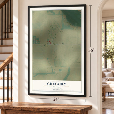 Gregory, Arkansas map, 24 x 36 inch print in a black frame by a staircase