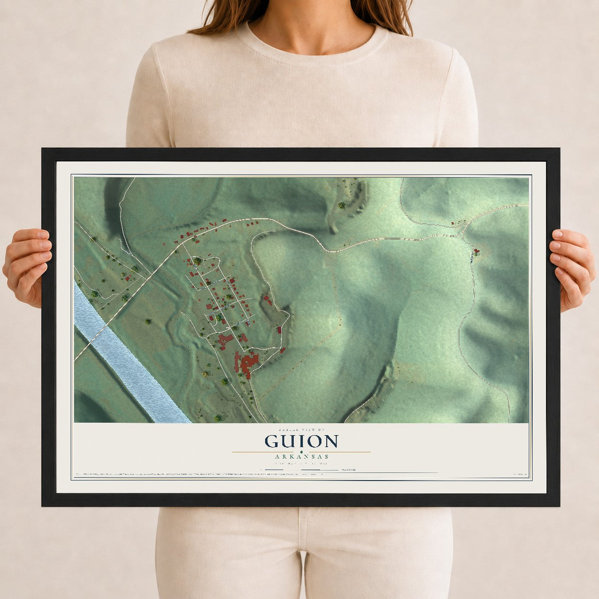 Map of Guion, Arkansas, 12 x 18 inch print in a black wood frame
