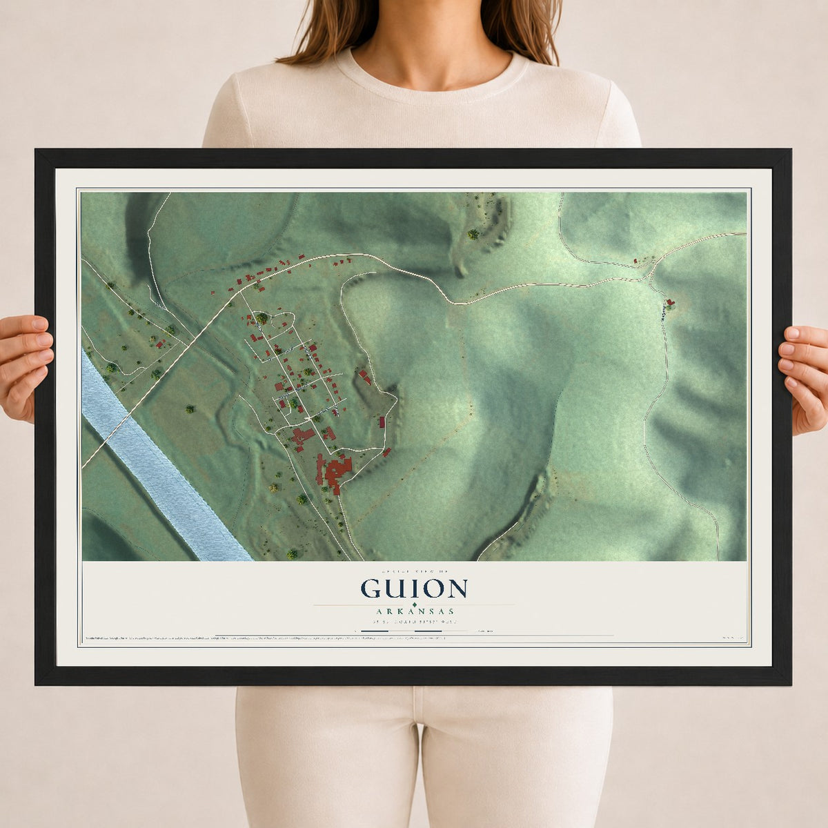 Map of Guion, Arkansas, 18 x 24 inch print in a black wood frame
