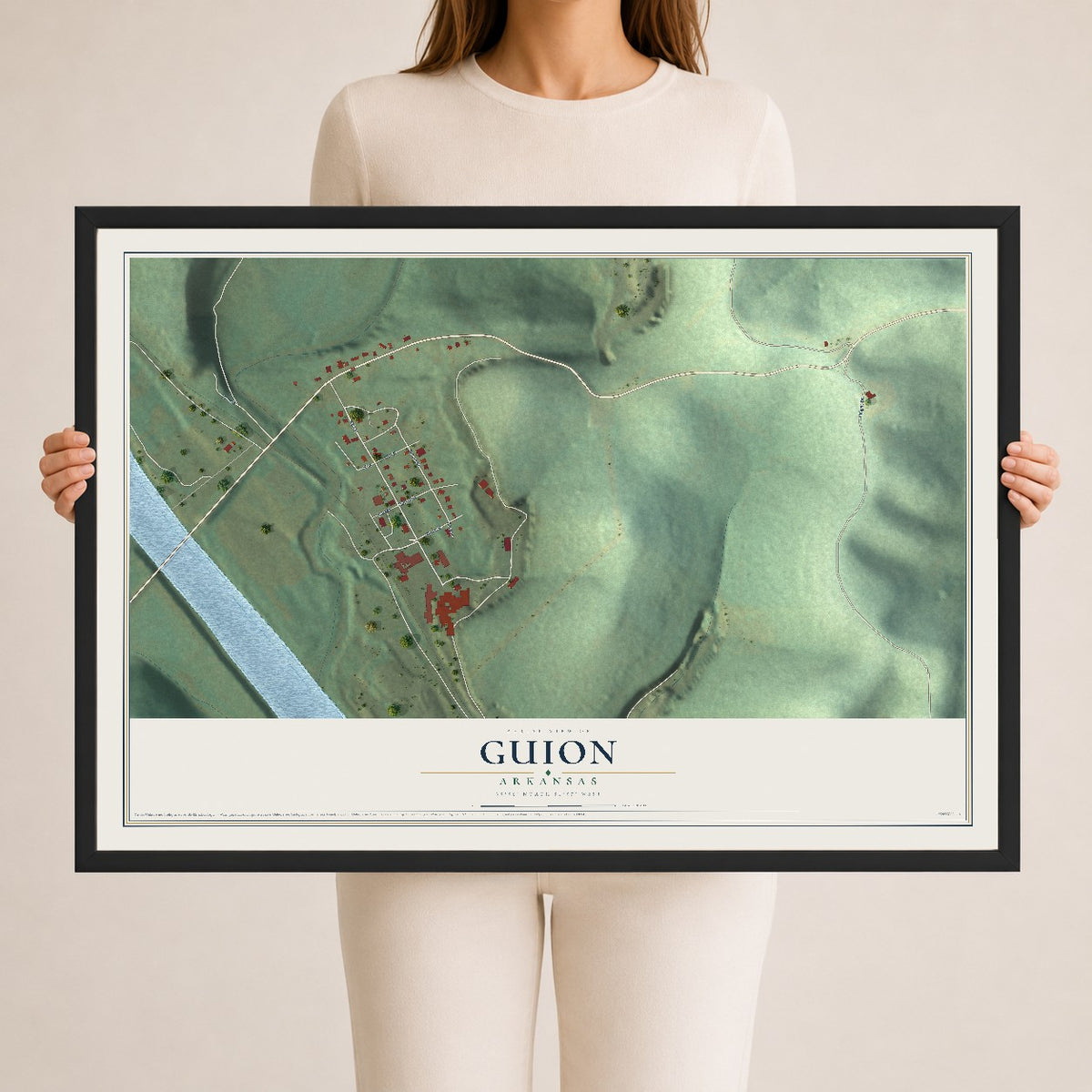 Map of Guion, Arkansas, 24 x 36 inch print in a black wood frame