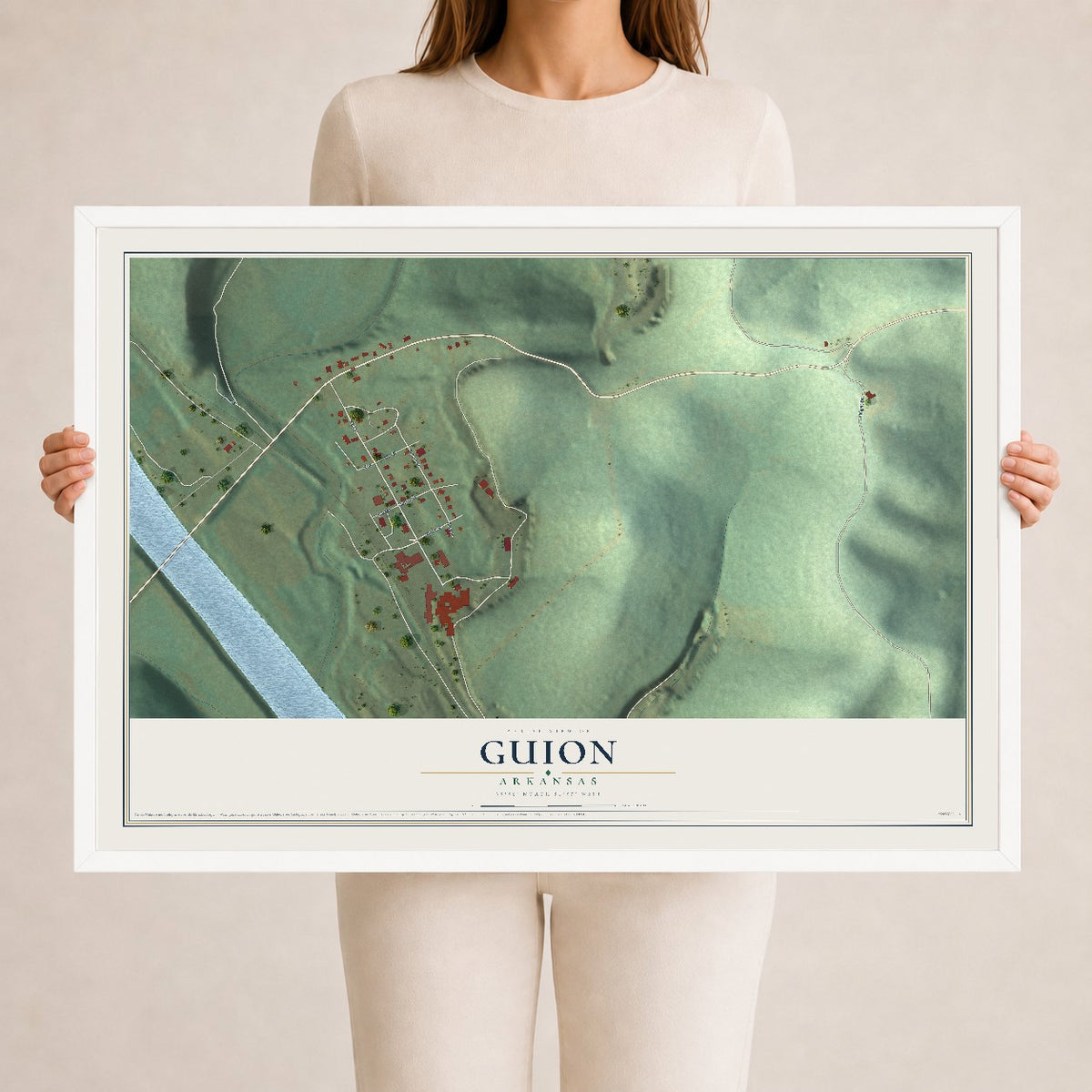 Map of Guion, Arkansas, 24 x 36 inch print in a white wood frame