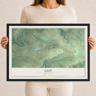 Map of Guy, Arkansas, 12 x 18 inch print in a black wood frame