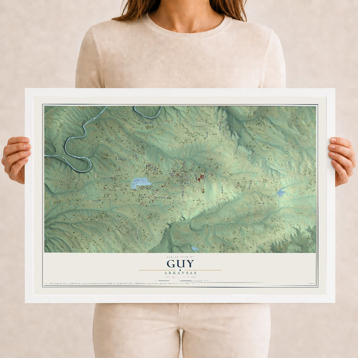 Map of Guy, Arkansas, 12 x 18 inch print in a white wood frame