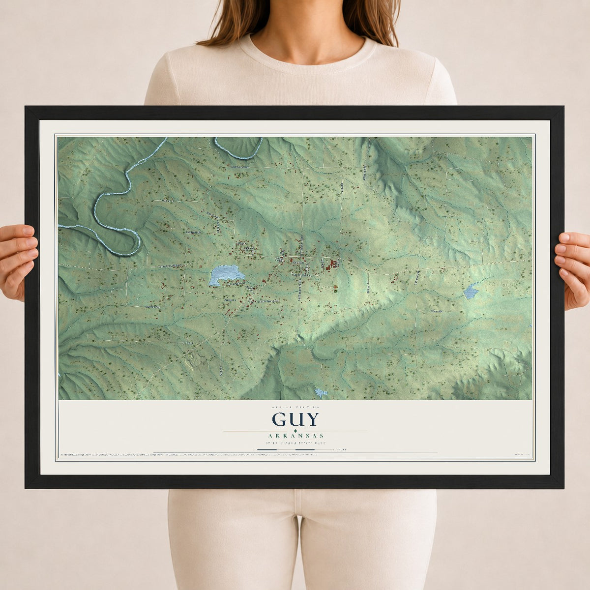 Map of Guy, Arkansas, 18 x 24 inch print in a black wood frame