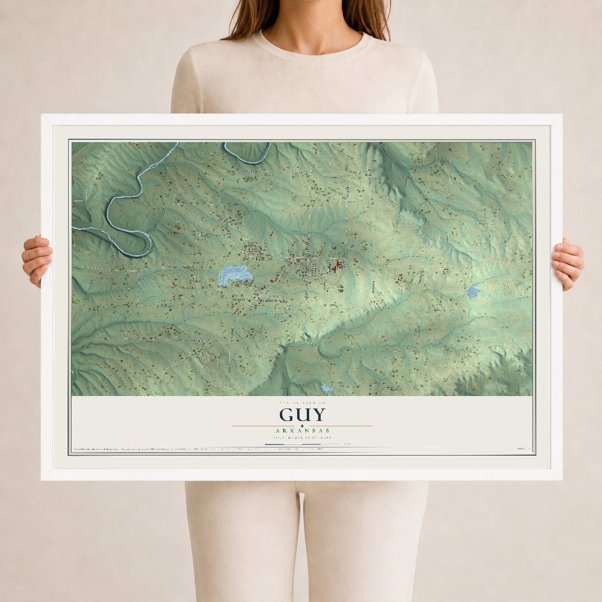 Map of Guy, Arkansas, 24 x 36 inch print in a white wood frame