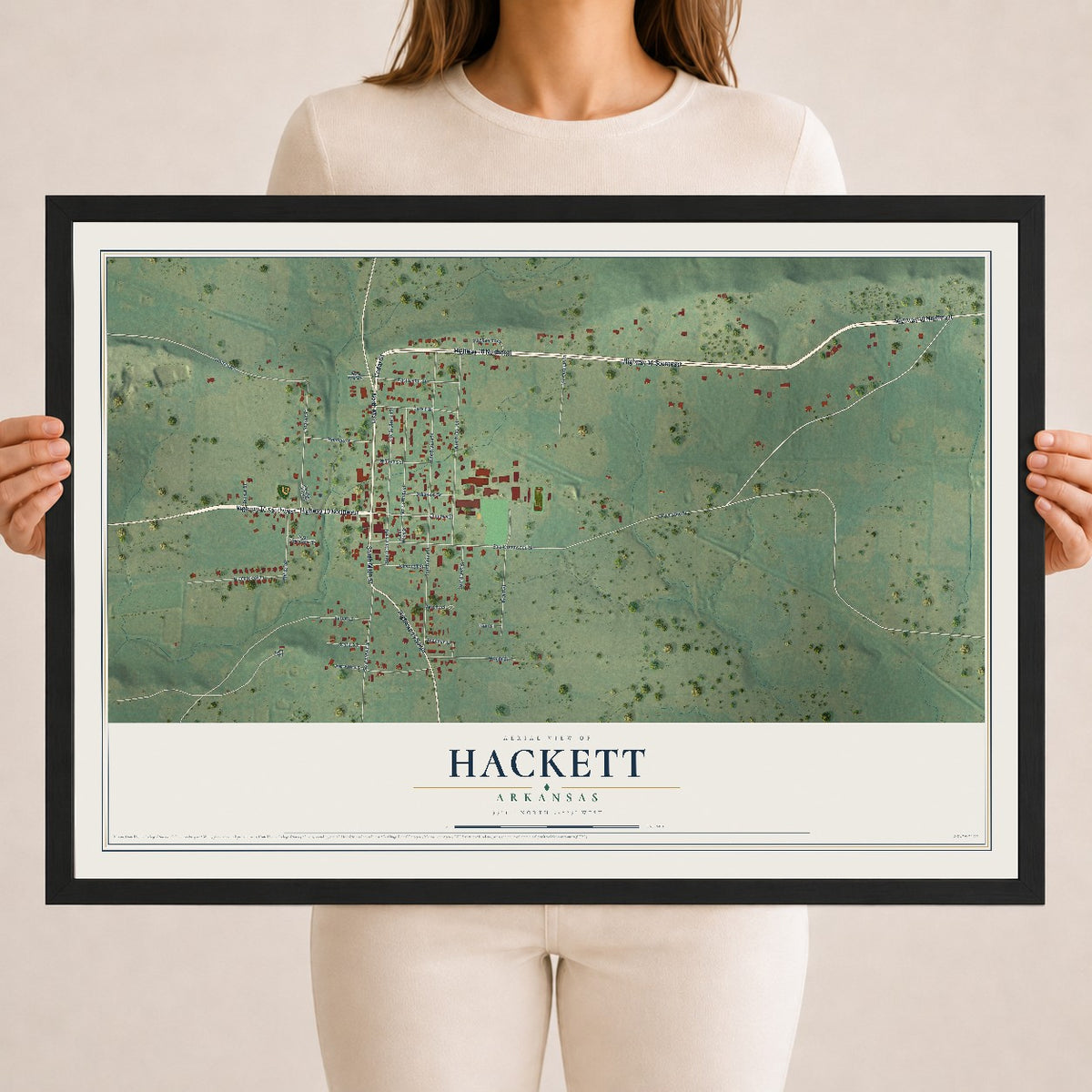 Map of Hackett, Arkansas, 18 x 24 inch print in a black wood frame