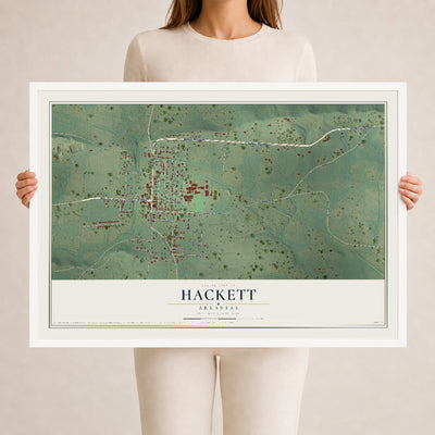 Map of Hackett, Arkansas, 24 x 36 inch print in a white wood frame
