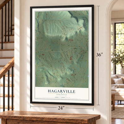Hagarville, Arkansas map, 24 x 36 inch print in a black frame by a staircase