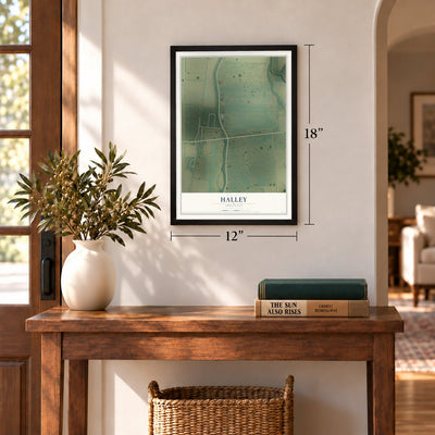 Halley, Arkansas map, 12 x 18 inch print in a black frame in an entryway