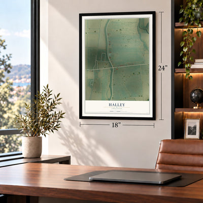 Halley, Arkansas map, 18 x 24 inch print in a black frame in a home office