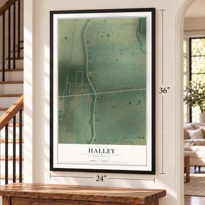 Halley, Arkansas map, 24 x 36 inch print in a black frame by a staircase