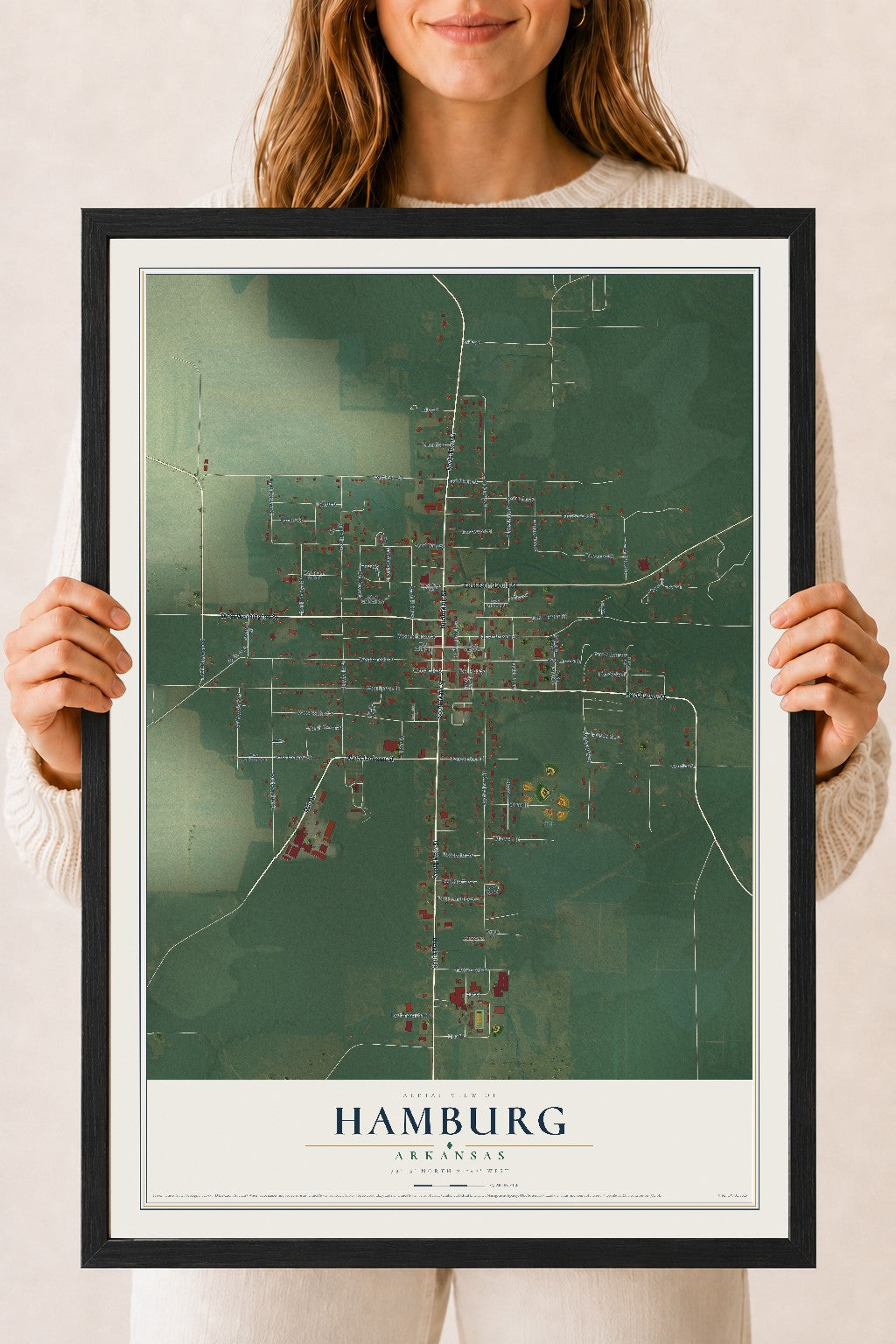 Map of Hamburg, Arkansas, 18 x 24 inch print in a black wood frame