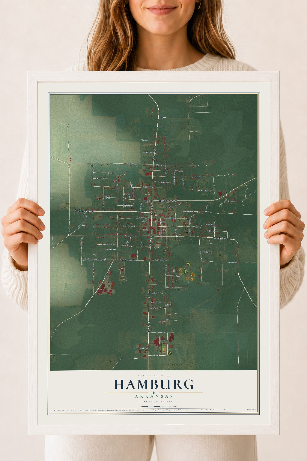 Map of Hamburg, Arkansas, 18 x 24 inch print in a white wood frame