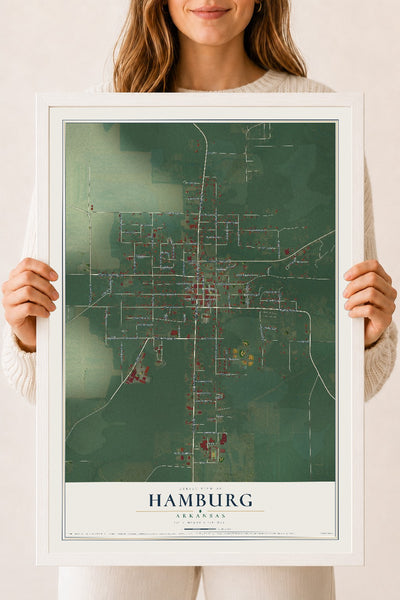 Map of Hamburg, Arkansas, 18 x 24 inch print in a white wood frame