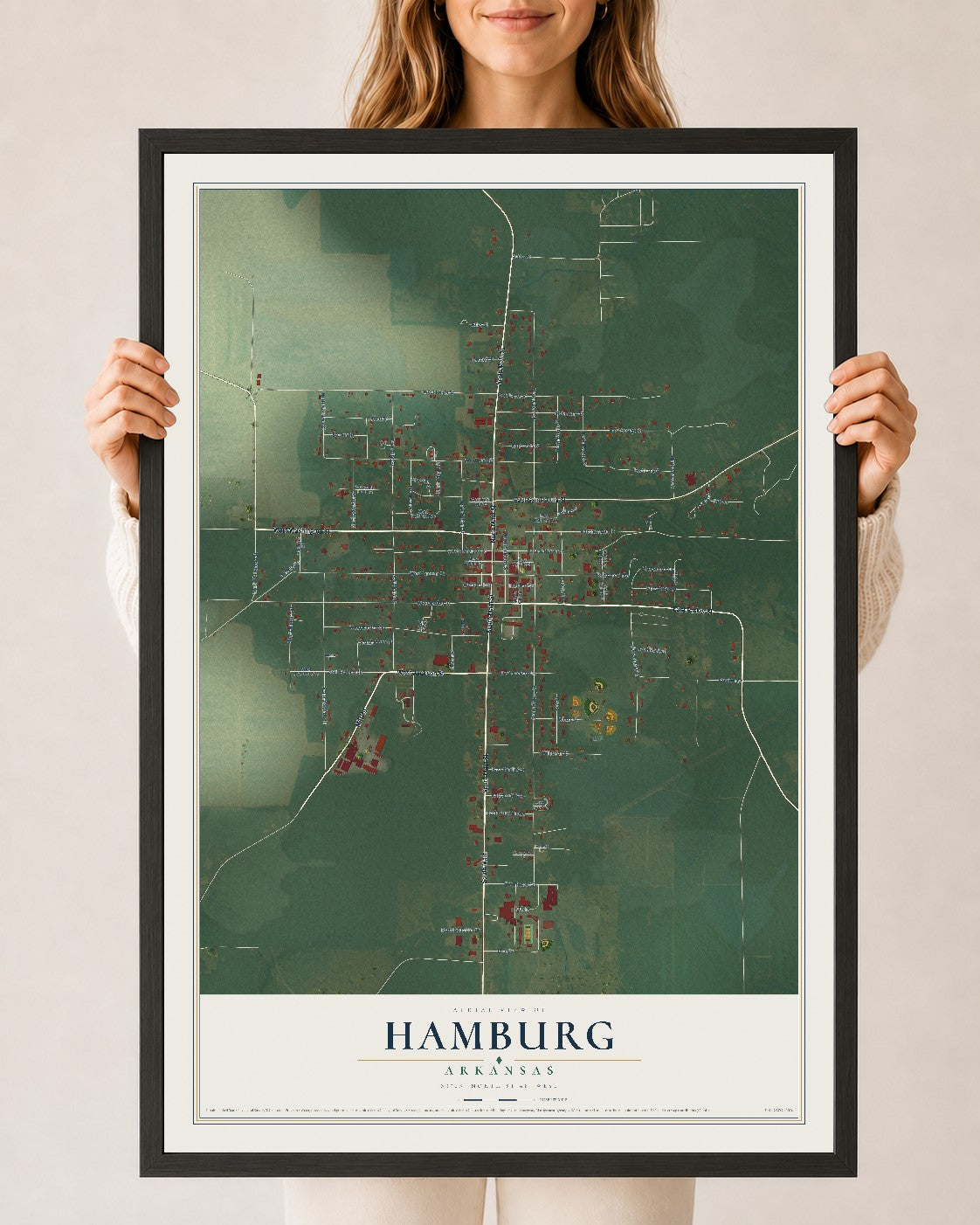 Map of Hamburg, Arkansas, 24 x 36 inch print in a black wood frame