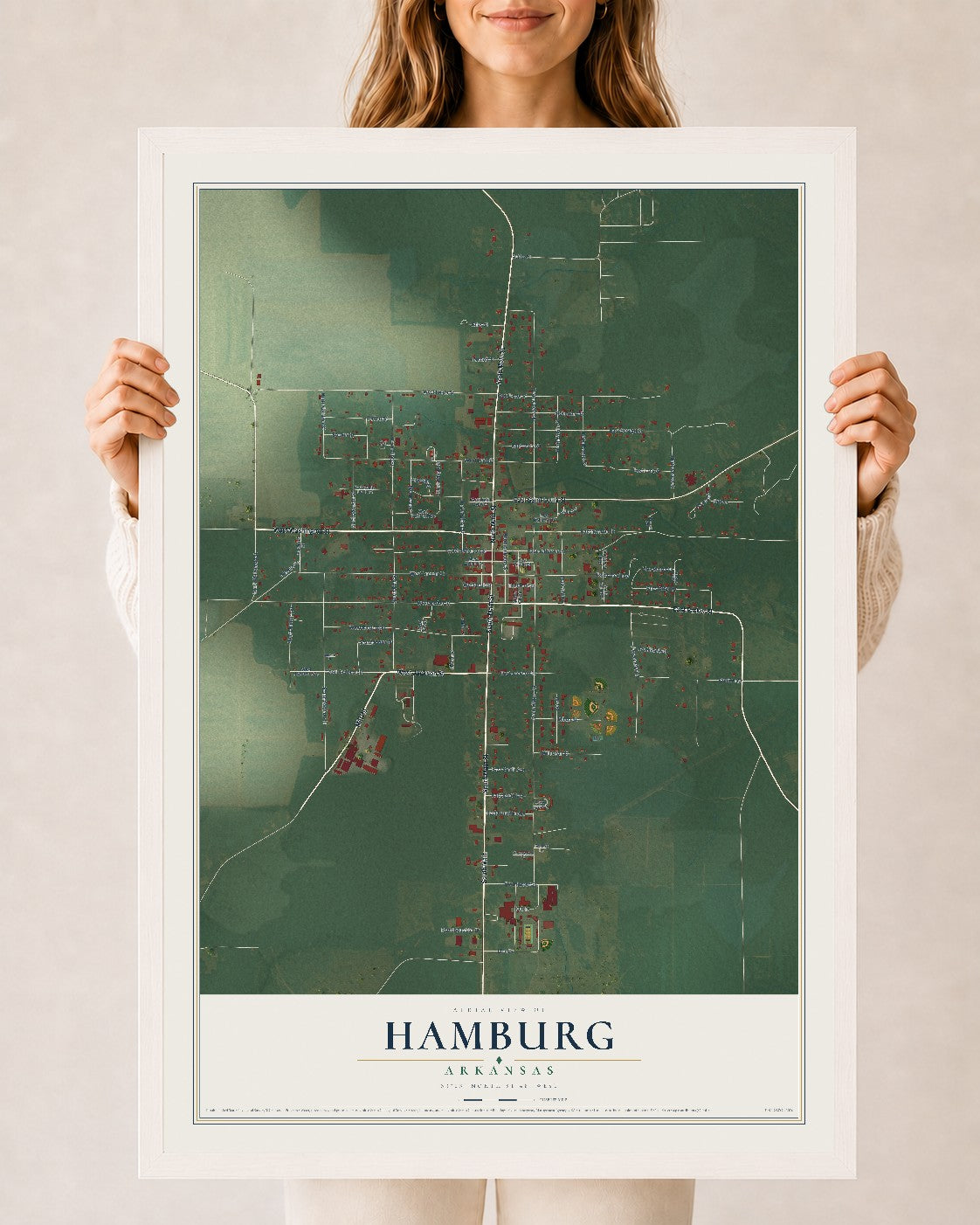 Map of Hamburg, Arkansas, 24 x 36 inch print in a white wood frame