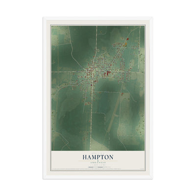 Map of Hampton, Arkansas, 12 x 18 inch print in a white wood frame