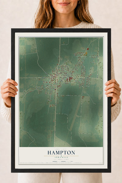 Map of Hampton, Arkansas, 18 x 24 inch print in a black wood frame