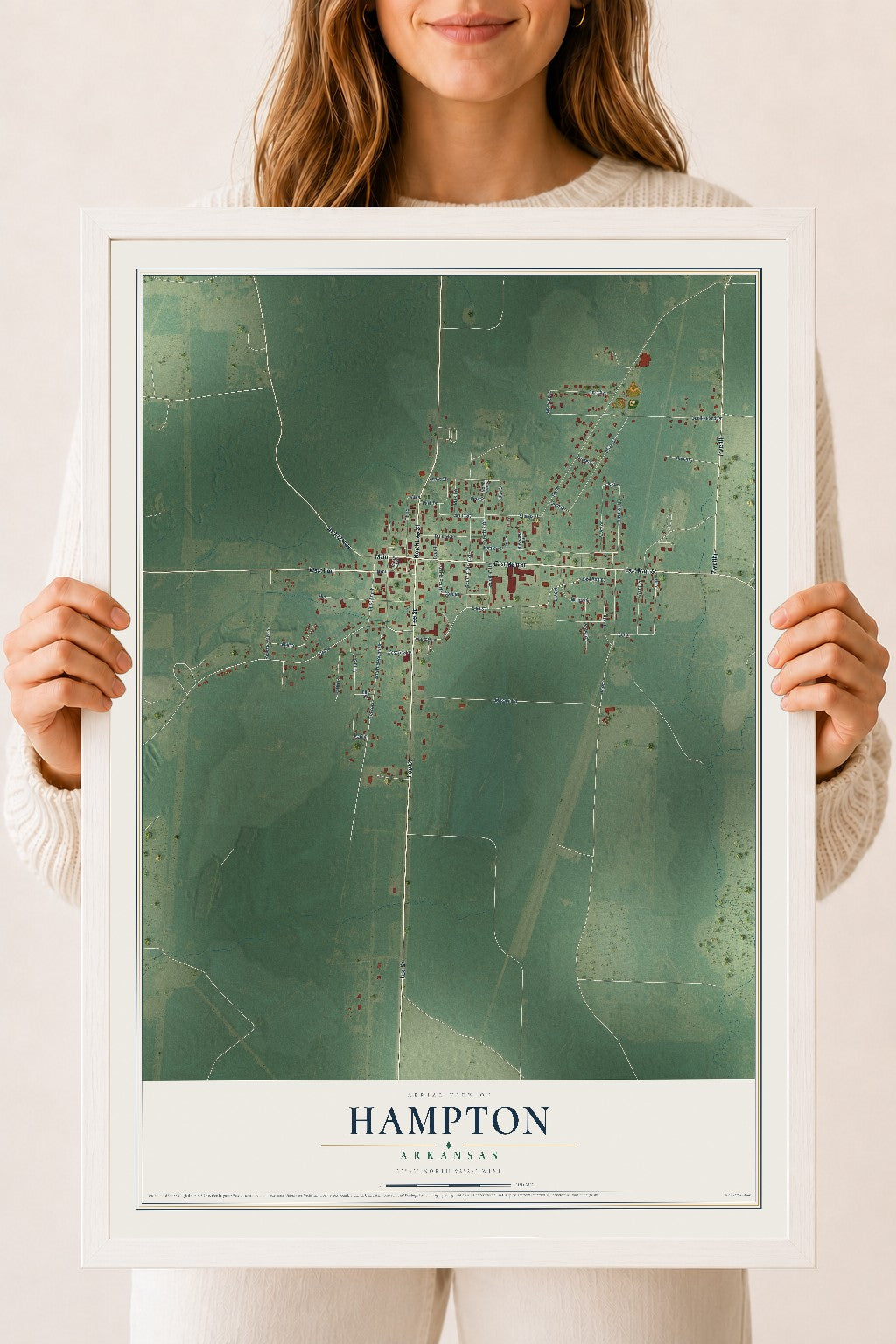 Map of Hampton, Arkansas, 18 x 24 inch print in a white wood frame
