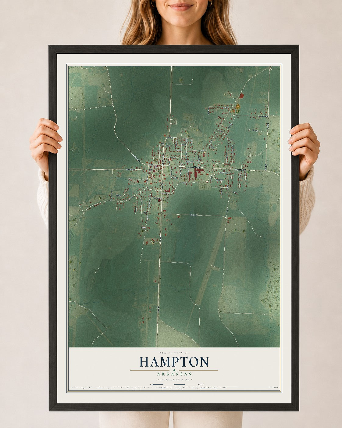 Map of Hampton, Arkansas, 24 x 36 inch print in a black wood frame